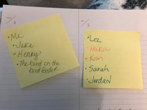 Sticky notes tracking names of people wished well